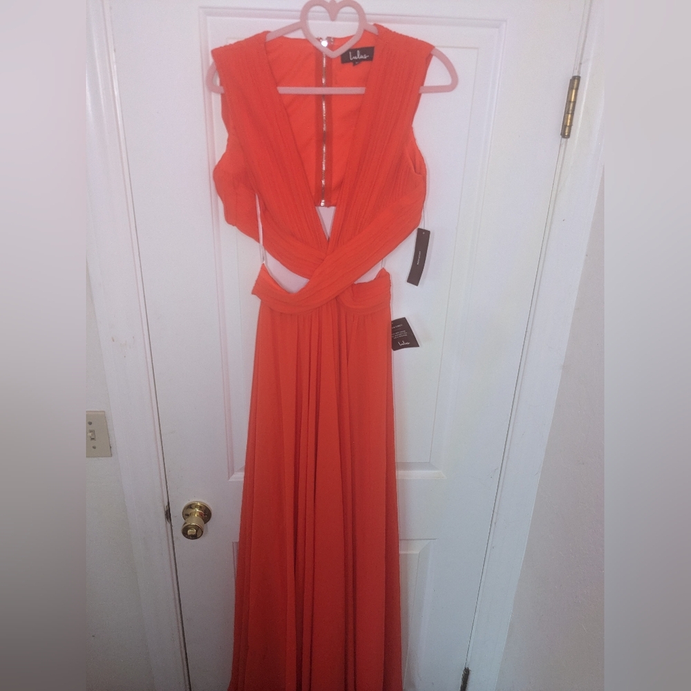 Lulus Cross My Heart Pleated Maxi Dress/Gown – Bright Coral (NWT) Size M